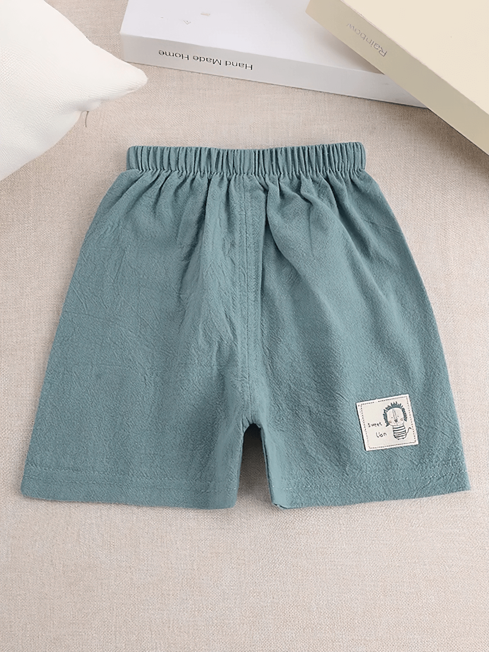 Kids Lightweight Shorts with Cute Patch Detail - SF3755 in teal with white stripes and elastic waistband for sporty kids and teens.