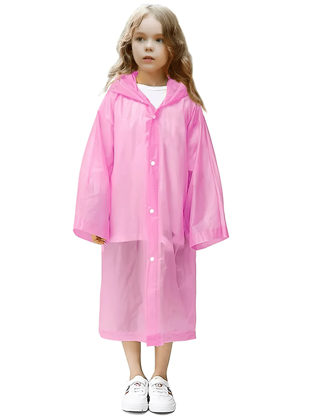 Child modeling a pink Kids Lightweight Waterproof Rain Poncho Coat - SF3648, perfect for boys and girls in outdoor rainy weather.