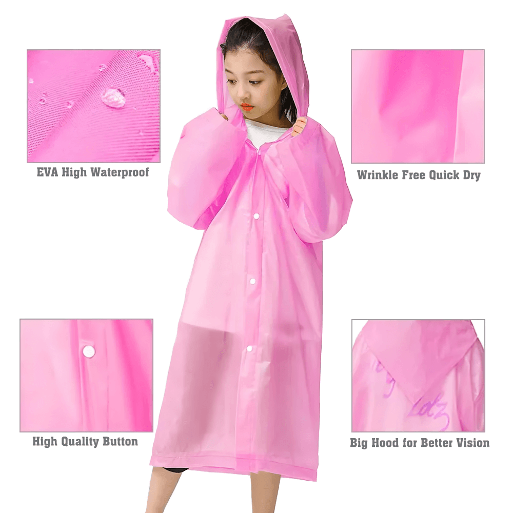 Kids Lightweight Waterproof Rain Poncho Coat - SF3648 in pink, showcasing waterproof material, big hood, and easy-to-use buttons.
