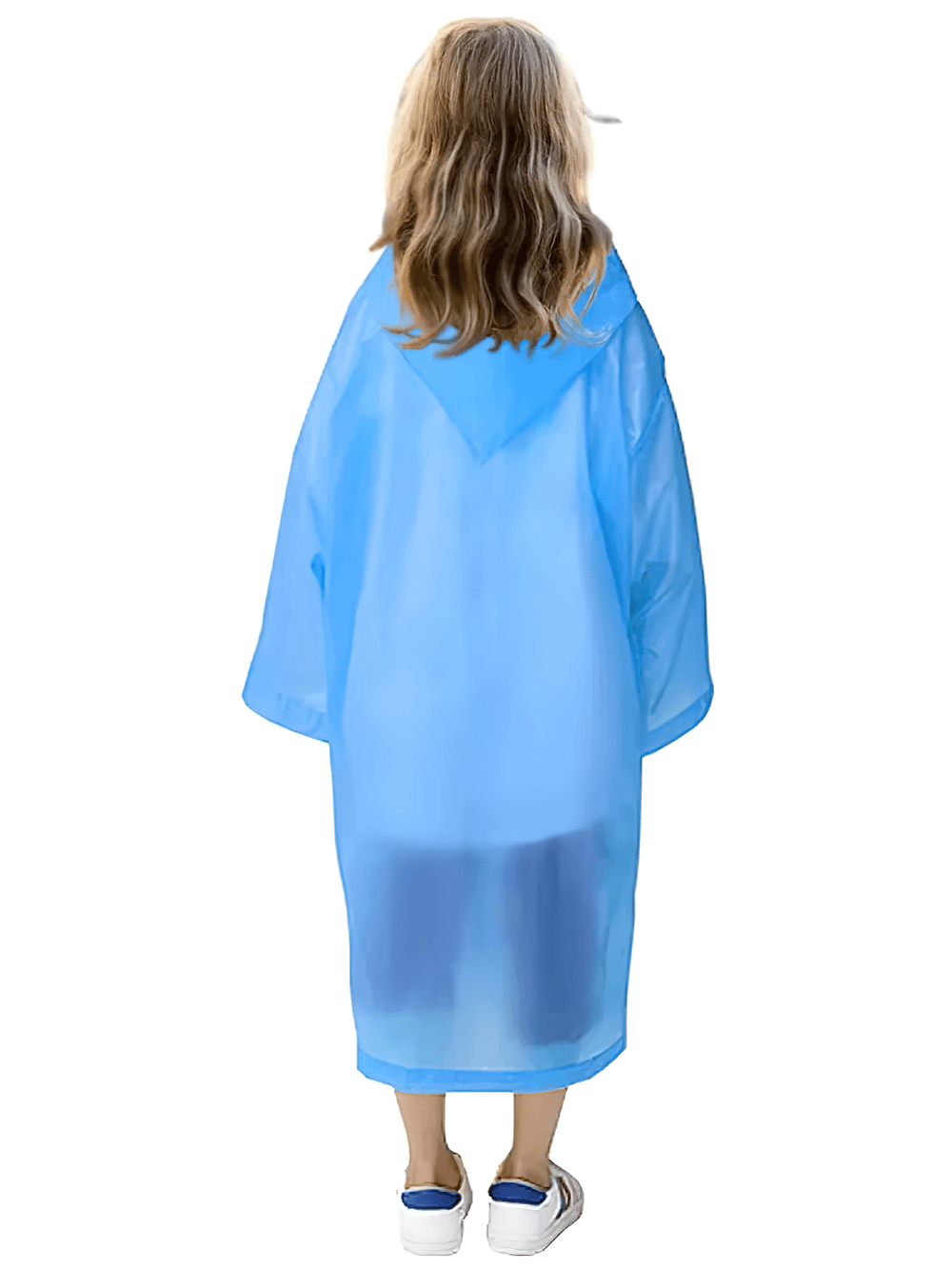 Rear view of a child wearing a blue Kids Lightweight Waterproof Rain Poncho Coat - SF3648, perfect for outdoor adventures.