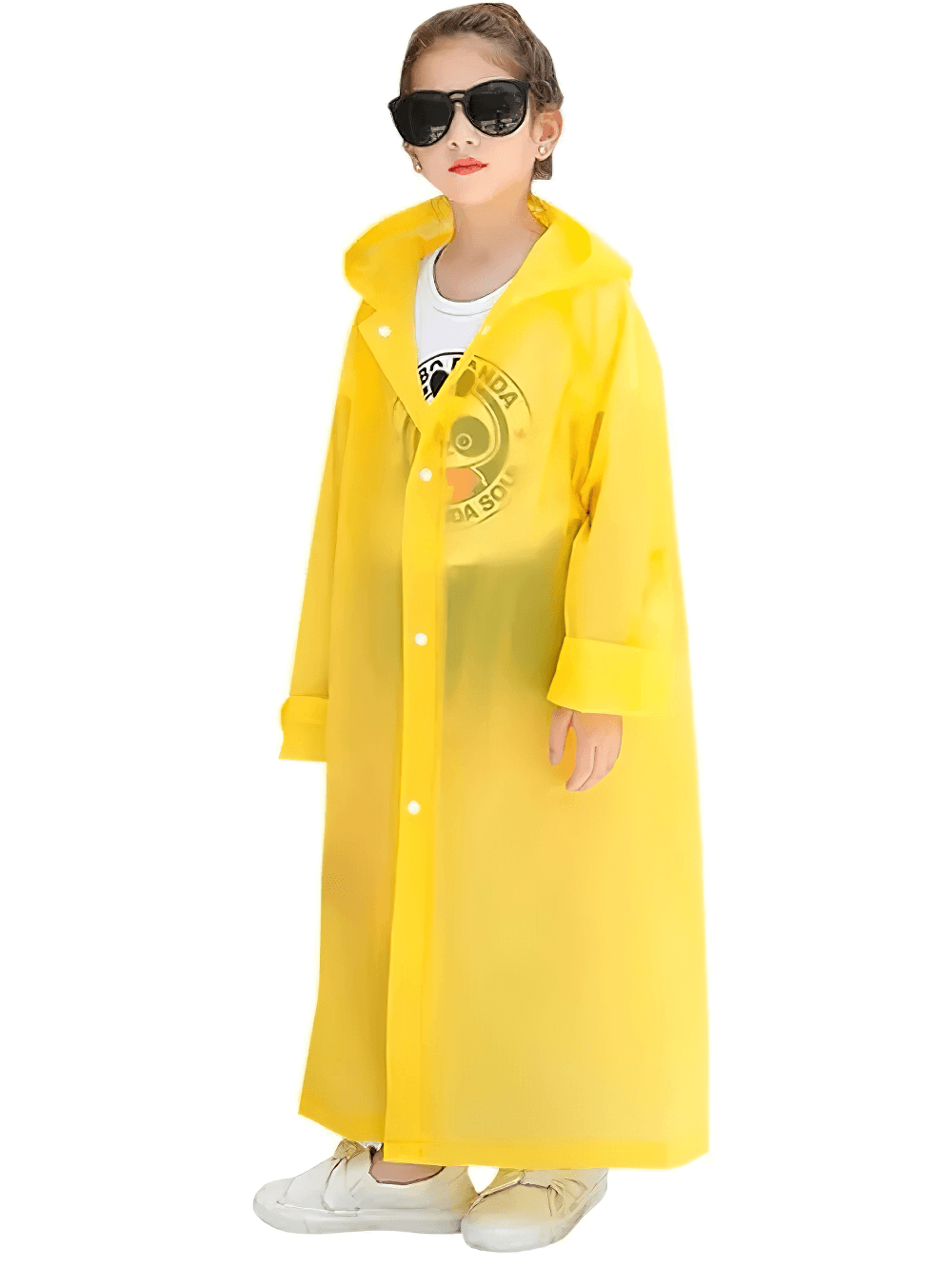 Young child wearing a yellow Kids Lightweight Waterproof Rain Poncho Coat - SF3648 for outdoor protection.