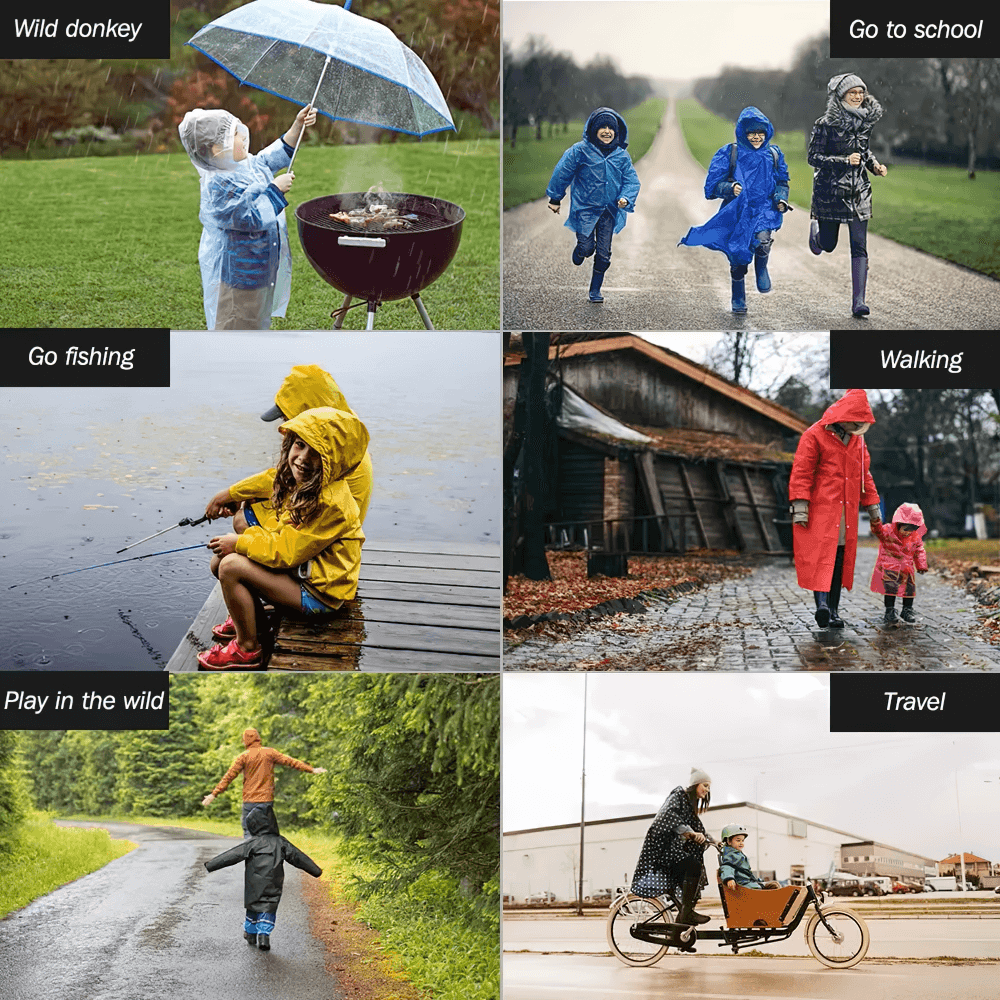 Collage of kids in waterproof raincoats for various outdoor activities like fishing, school, and travel.