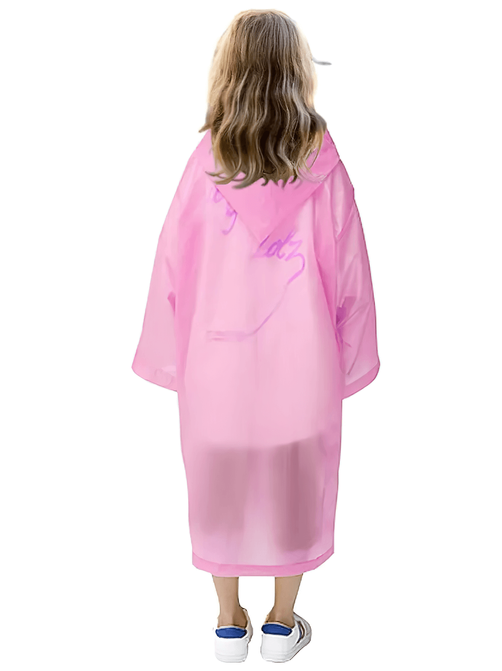 Back view of child in pink Kids Lightweight Waterproof Rain Poncho Coat - SF3648, perfect for outdoor rain protection.