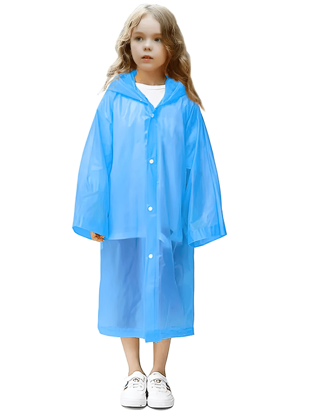 Child wearing Kids Lightweight Waterproof Rain Poncho Coat - SF3648 in blue, perfect for outdoor protection and travel convenience.