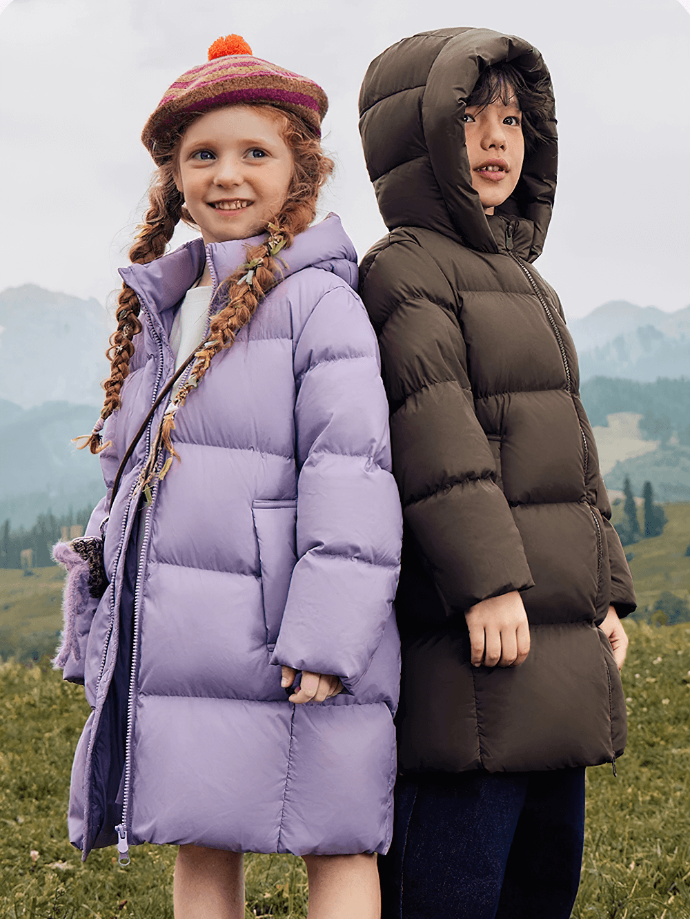 Two children wearing Kids Long Down Parka with Hood and Windproof Design - SF3511, perfect for winter outdoor play.