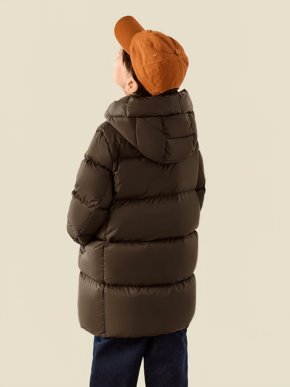 Child wearing Kids Long Down Parka with Hood and Windproof Design - SF3511, perfect for winter weather.