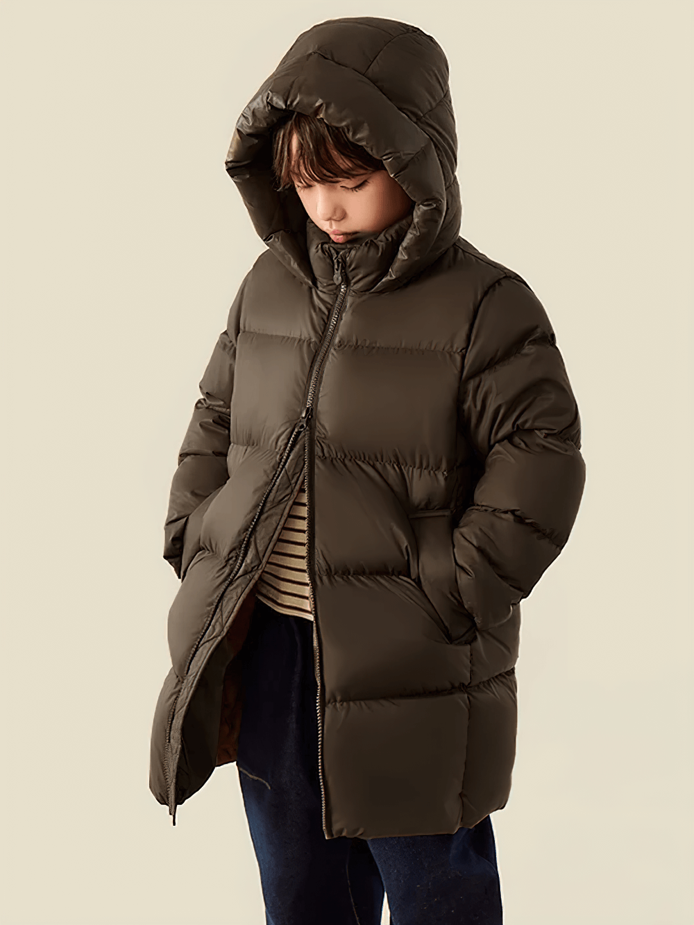 Child wearing Kids Long Down Parka with Hood and Windproof Design - SF3511 in brown, featuring deep pockets for winter warmth.