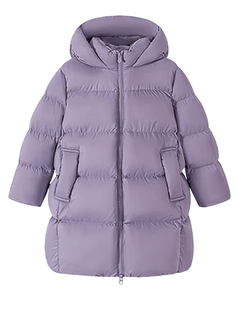 Kids Long Down Parka with Hood and Windproof Design - SF3511 in purple, showing padded insulation, large pockets, and full-length zipper.