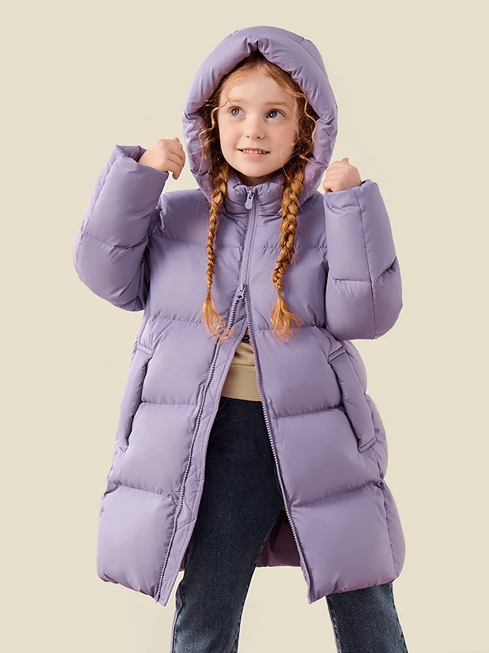 Kid wearing Kids Long Down Parka with Hood and Windproof Design - SF3511 in purple, ideal for winter warmth and style.