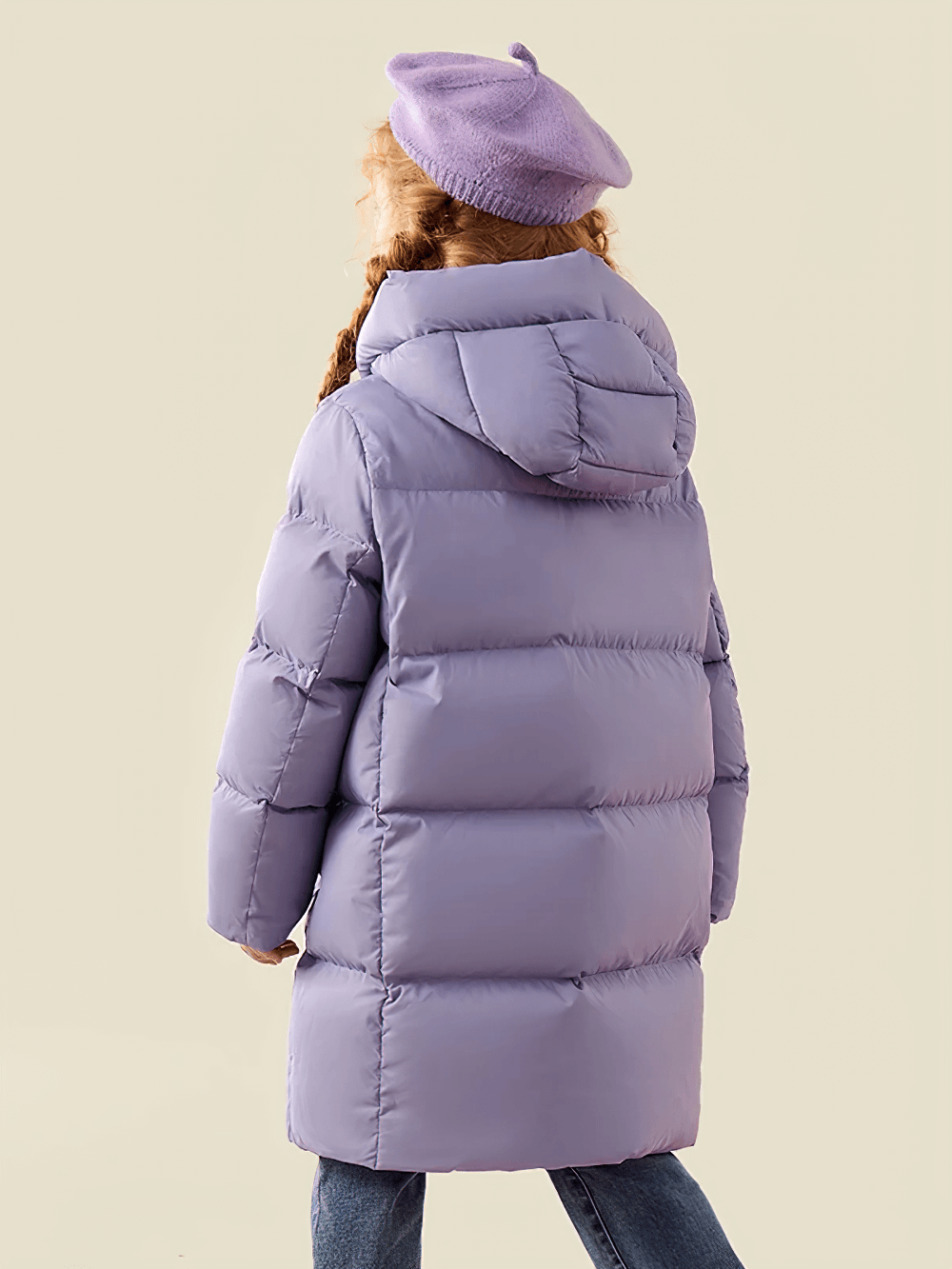 Child wearing Kids Long Down Parka with Hood and Windproof Design - SF3511 in lilac, showing back view of the puffer coat.