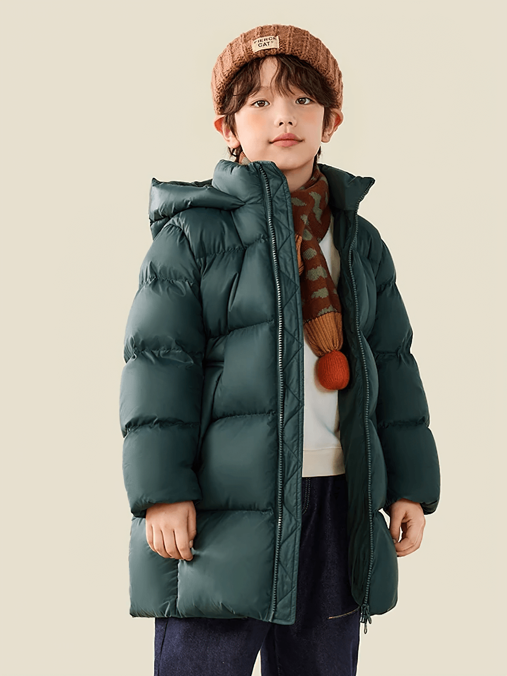 Child wearing Kids Long Down Parka with Hood and Windproof Design - SF3511, ideal for winter and outdoor play, in green.
