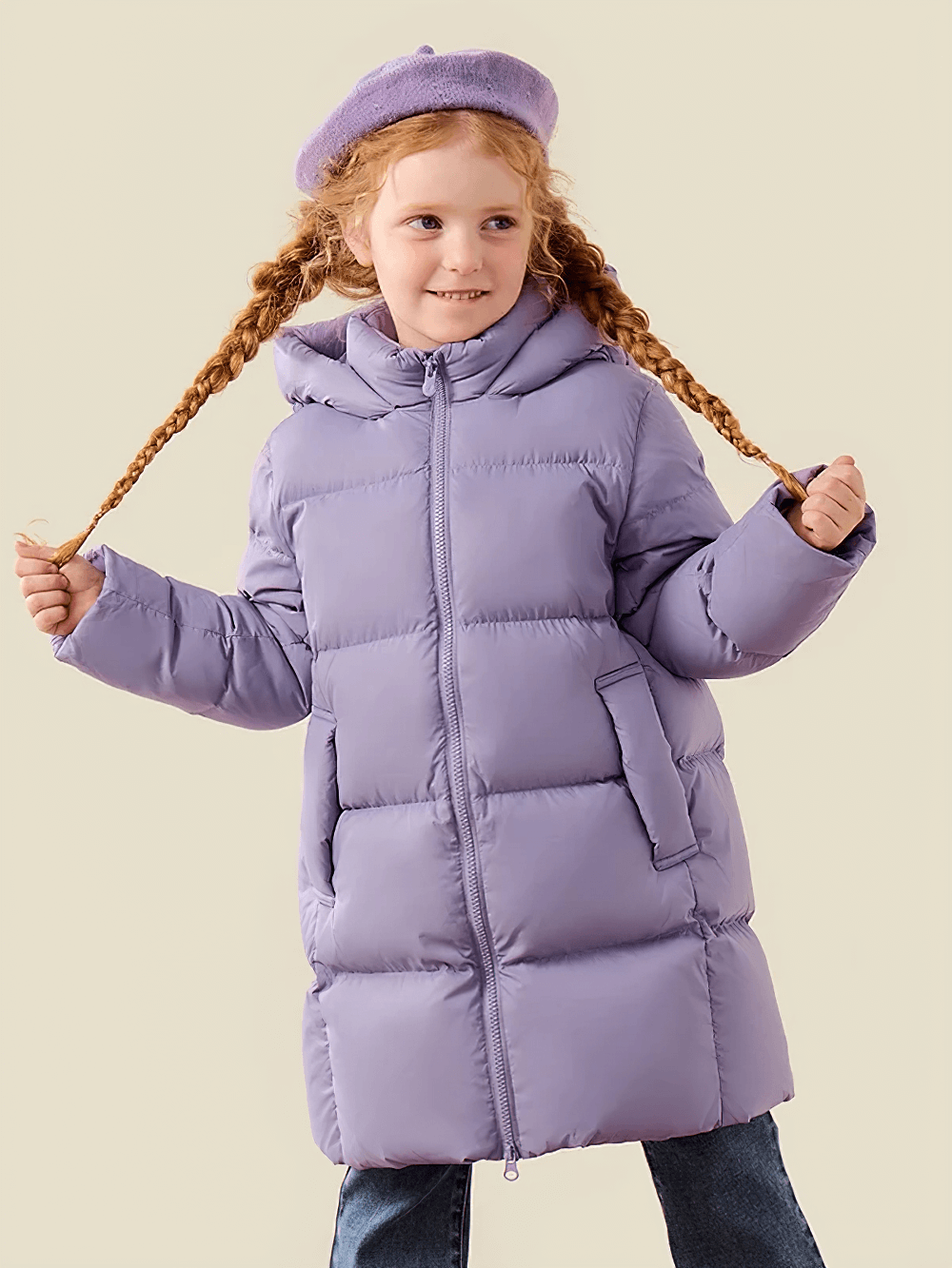 Child wearing Kids Long Down Parka with Hood and Windproof Design - SF3511, purple puffer coat for winter weather, smiling with braids