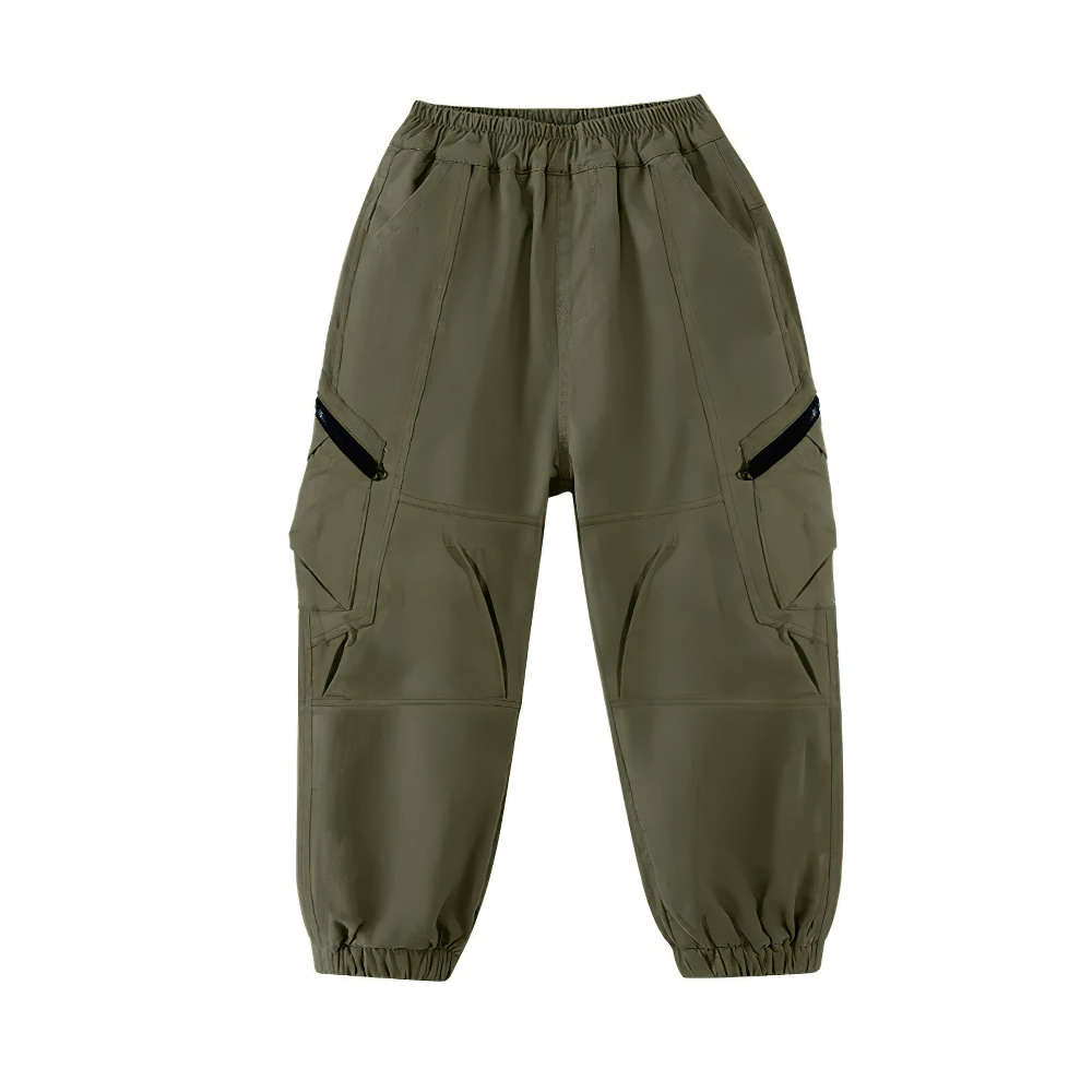 Kids Loose Cargo Jogger Pants with Zipper Pockets - SF3719 in olive green featuring elastic waist and functional pockets.