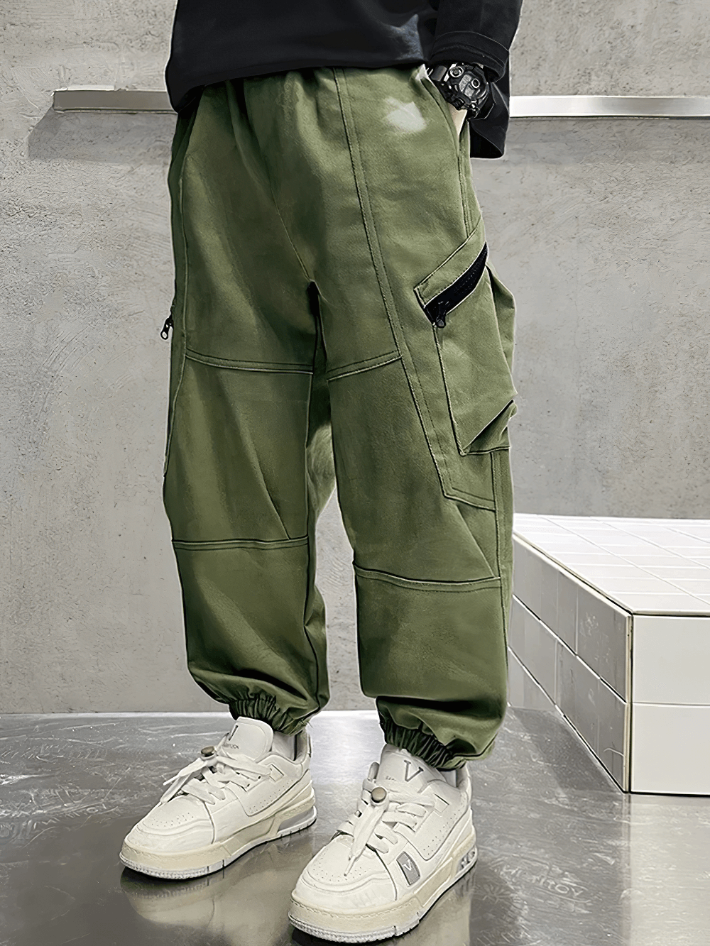 Kids Loose Cargo Jogger Pants with Zipper Pockets - SF3719, showcasing sporty cargo style for boys with full-length legs and panel details.