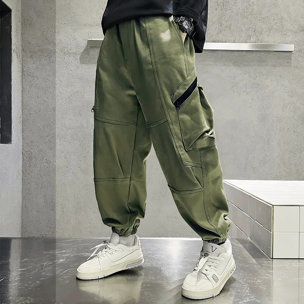 Kids Loose Cargo Jogger Pants with Zipper Pockets - SF3719 in green, featuring full-length legs and sporty design for active wear.