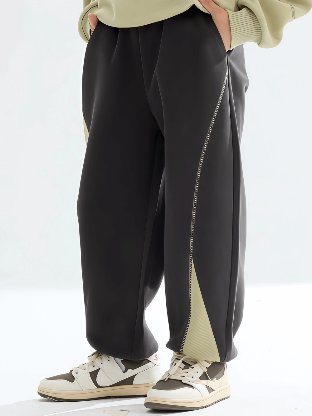 Kids Loose Jogger Pants with Elastic Waistband - SF3739, black and olive, sporty patchwork design, suitable for active play.