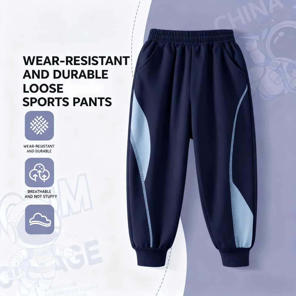 Kids Loose Jogger Pants with Elastic Waistband - SF3739 in navy with patchwork design and breathable fabric for active use.