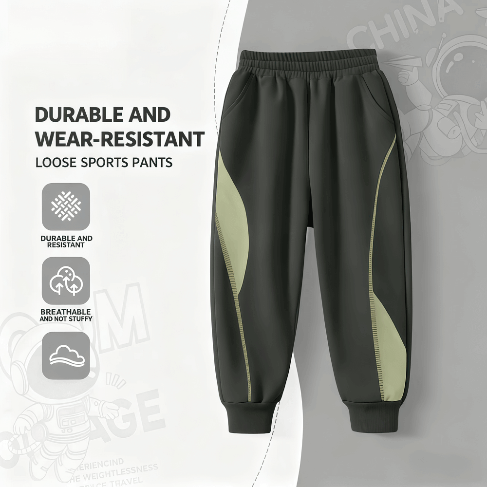 Kids Loose Jogger Pants with Elastic Waistband - SF3739, featuring soft cotton blend, patchwork sides, and practical pockets for active kids.