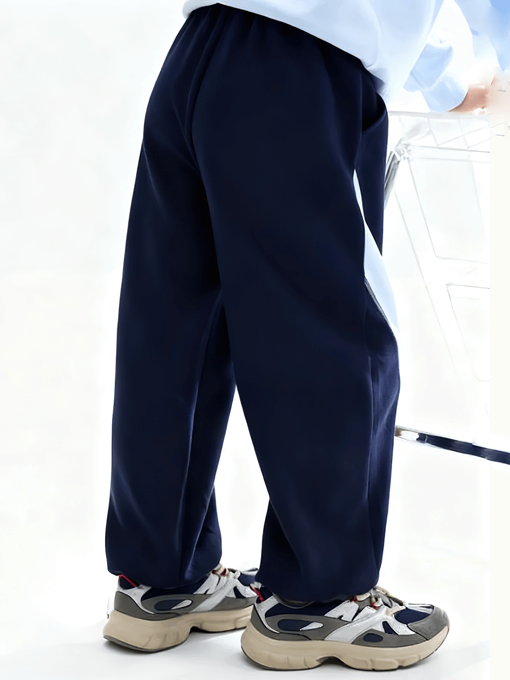 Kids Loose Jogger Pants with Elastic Waistband - SF3739 in navy, featuring patchwork sides and sneakers.