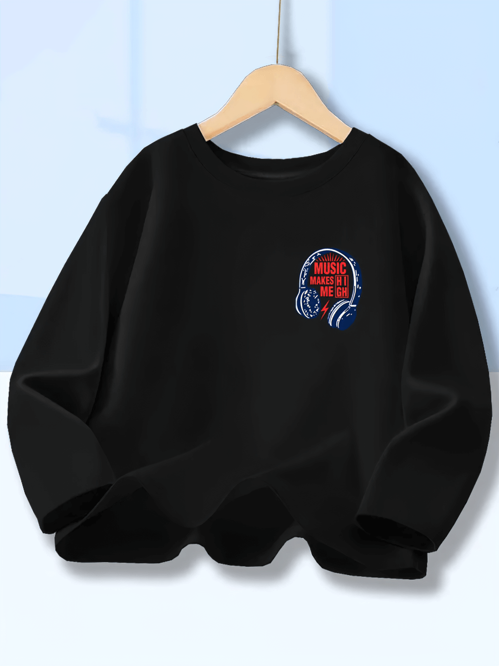 Kids Music Headphones Print Long-Sleeved Top - SF3893 on hanger with graphic headphones design