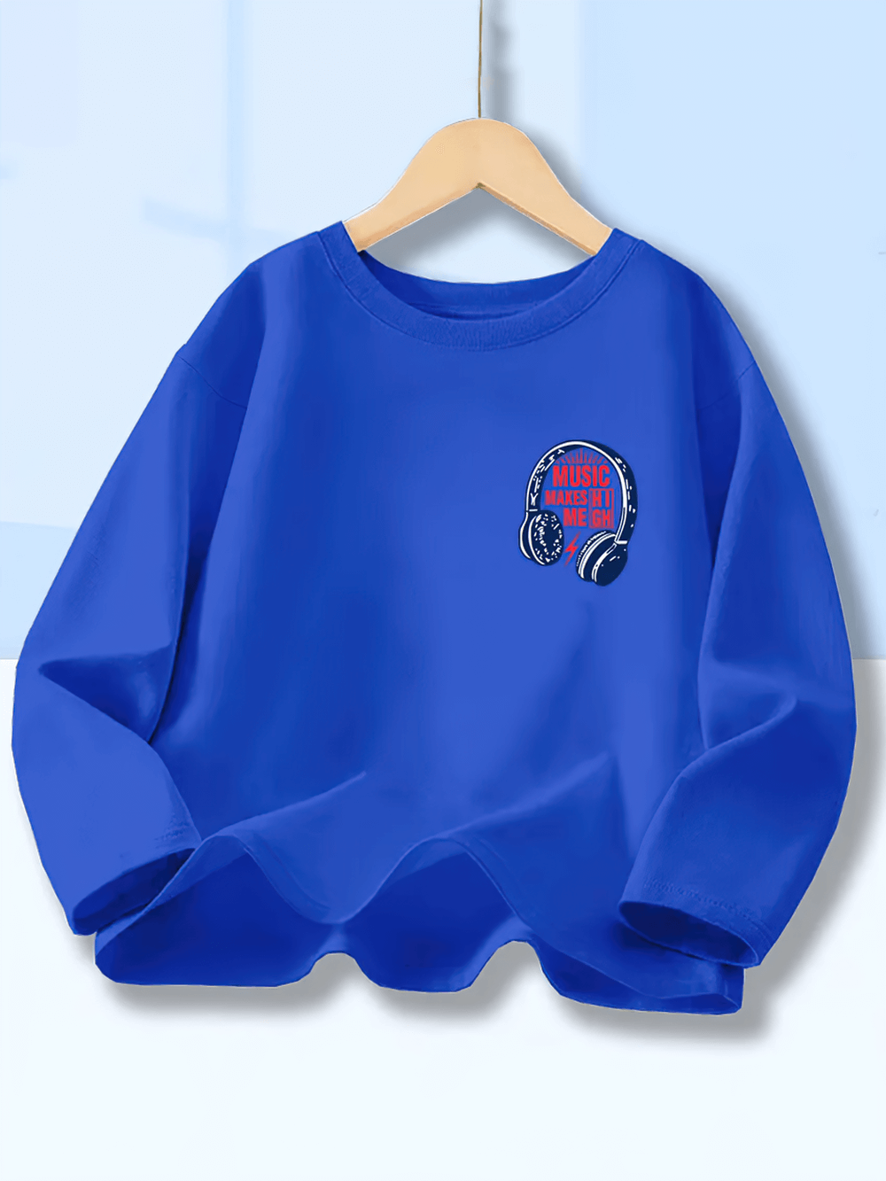Blue Kids Music Headphones Print Long-Sleeved Top - SF3893 with headphone graphic on hanger