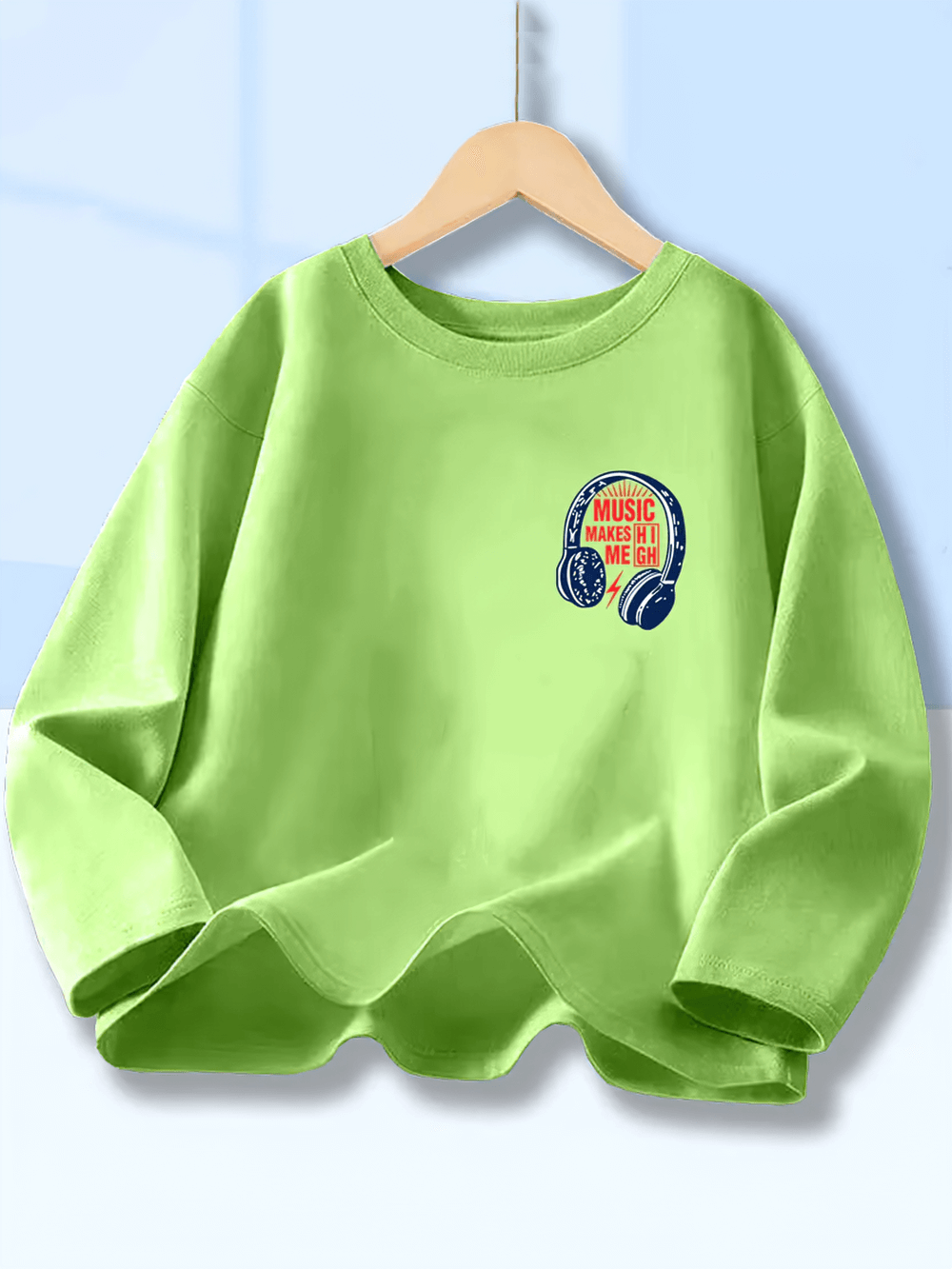 Kids Music Headphones Print Long-Sleeved Top - SF3893 with vibrant headphone graphic on green fabric, perfect for young music lovers.