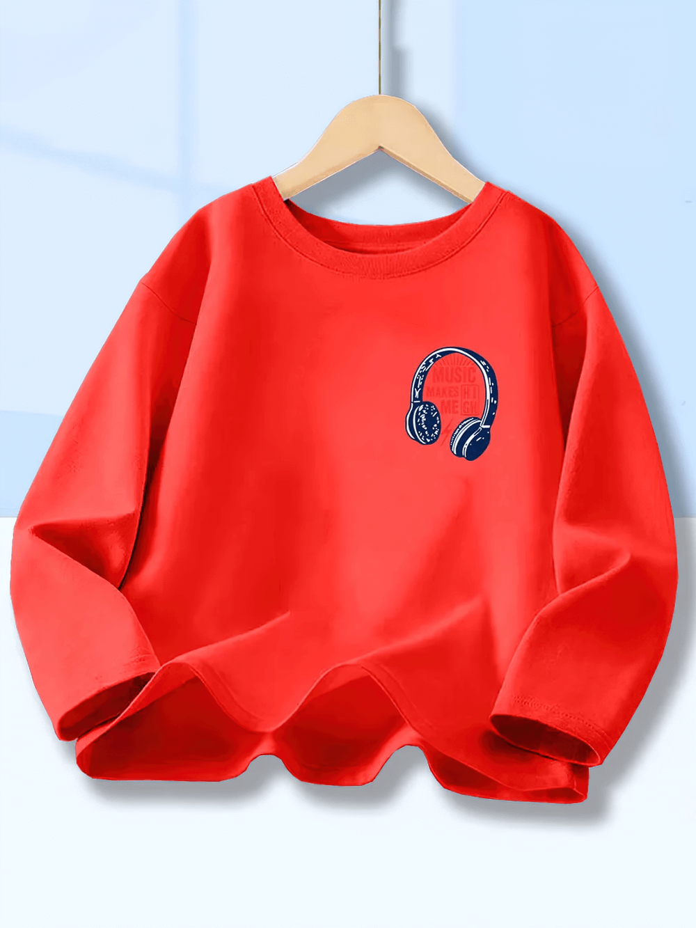 Youth Kids Music Headphones Print Long-Sleeved Top - SF3893 in red with headphone graphic, perfect for school and play.