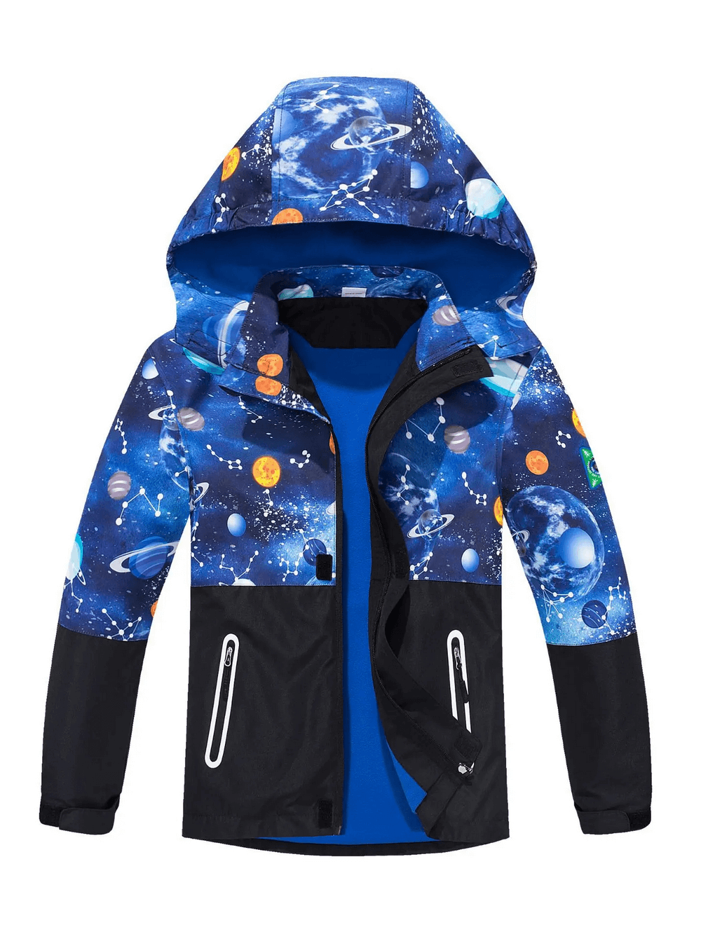 Kids' Outer Space Waterproof Zip Hooded Jacket - SF3585 with galaxy print and fleece lining for boys, ideal for outdoor adventures.