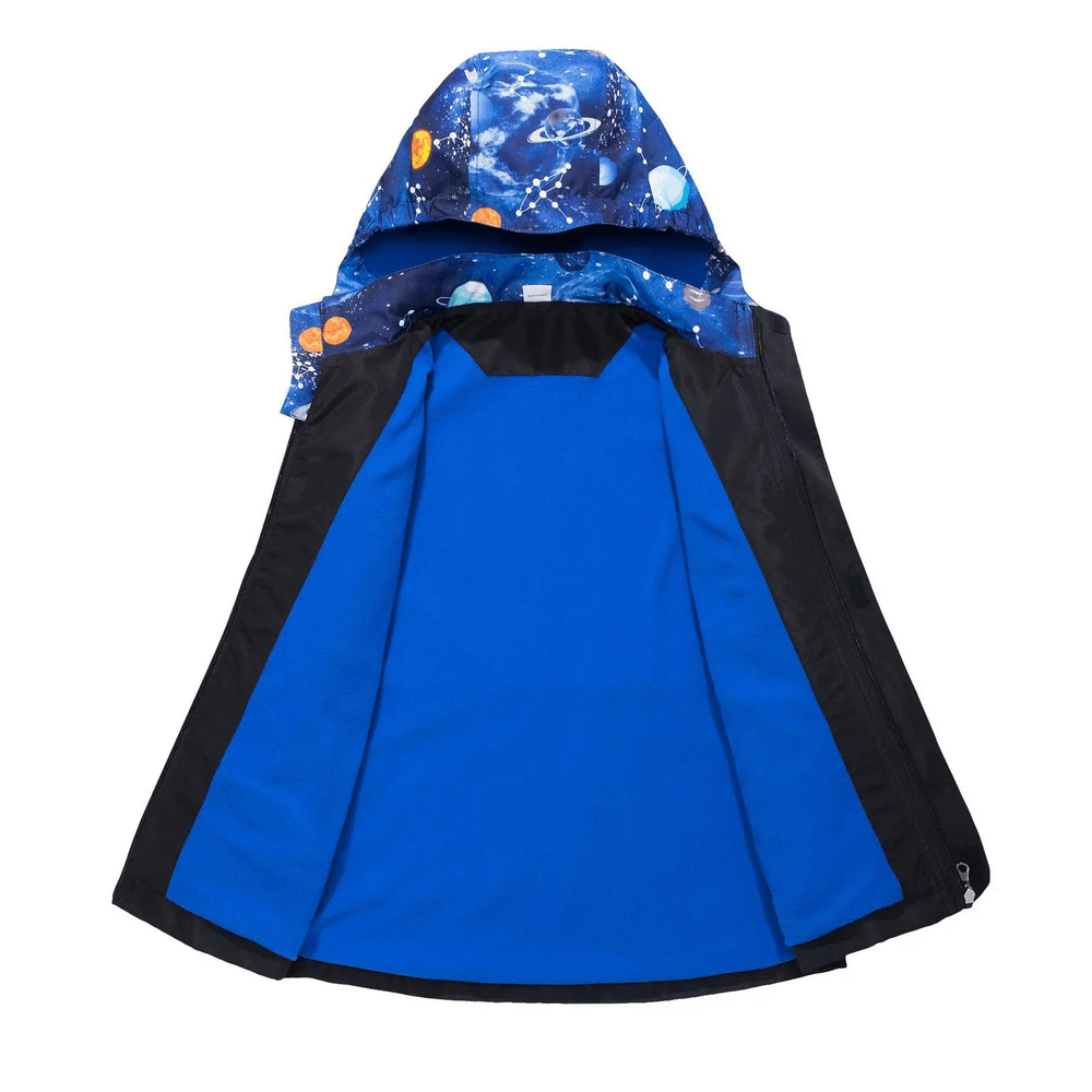 Open Kids' Outer Space Waterproof Zip Hooded Jacket - SF3585 showcasing galaxy print and fleece lining inside view