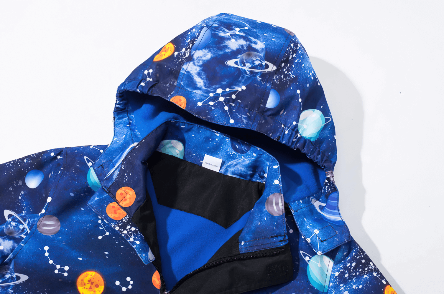 Kids' Outer Space Waterproof Zip Hooded Jacket - SF3585 with galaxy print and fleece lining, perfect for young adventurers.