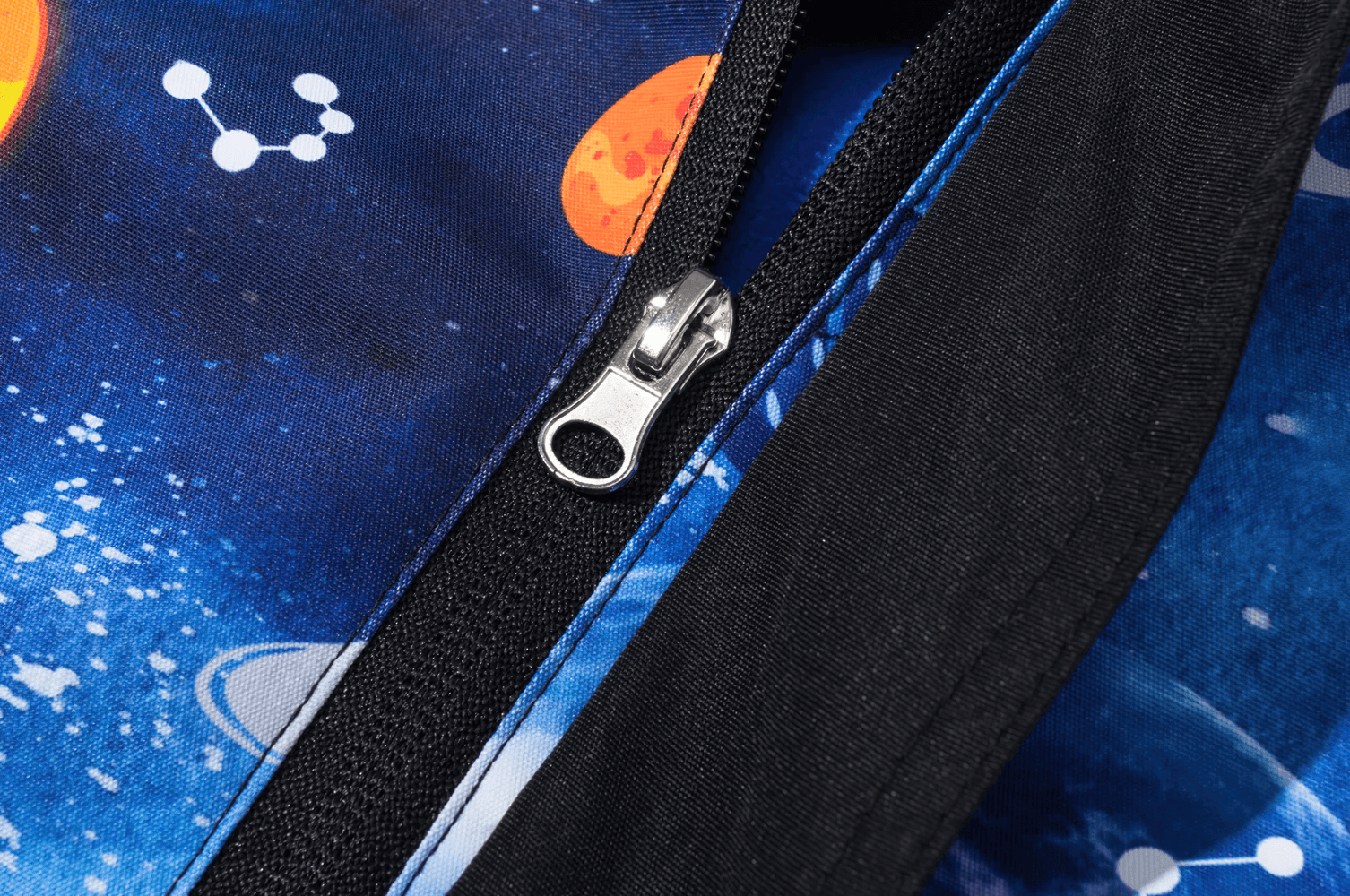 Close-up of galaxy print and zipper on Kids' Outer Space Waterproof Zip Hooded Jacket - SF3585.