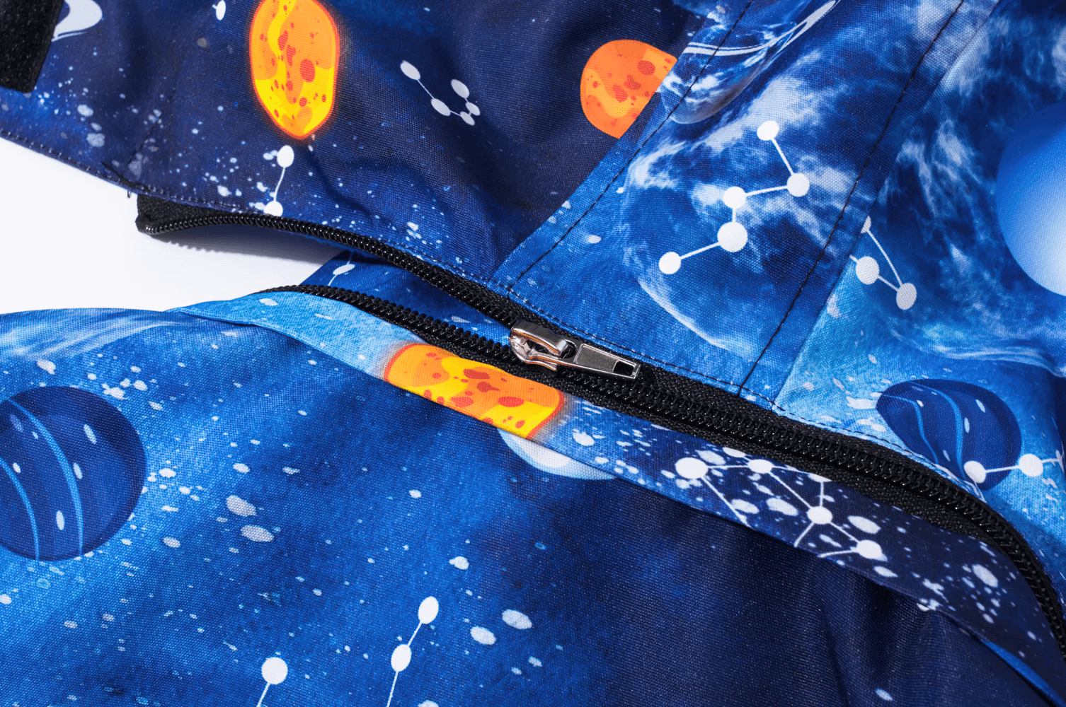 Close-up of Kids' Outer Space Waterproof Zip Hooded Jacket - SF3585 with galaxy print, zipper detail, perfect for young adventurers.