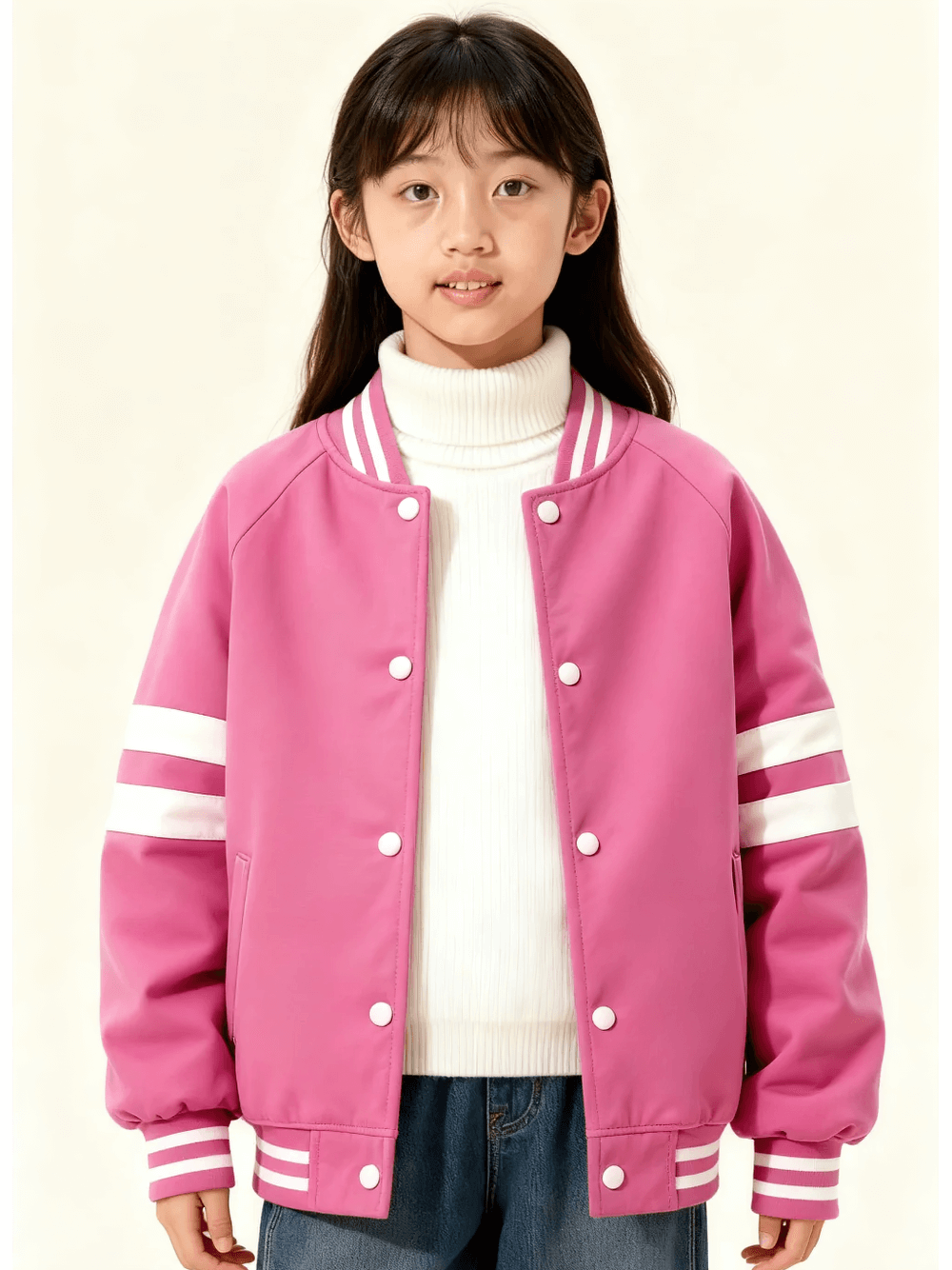 Girl wearing Kids Padded Baseball Jacket with Snap Buttons - SF3866, showcasing stylish pink design with striped sleeves.
