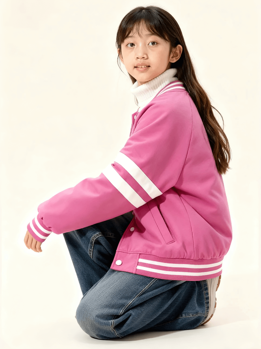 Girl wearing Kids Padded Baseball Jacket with Snap Buttons - SF3866 in pink, sitting stylishly against a neutral background.