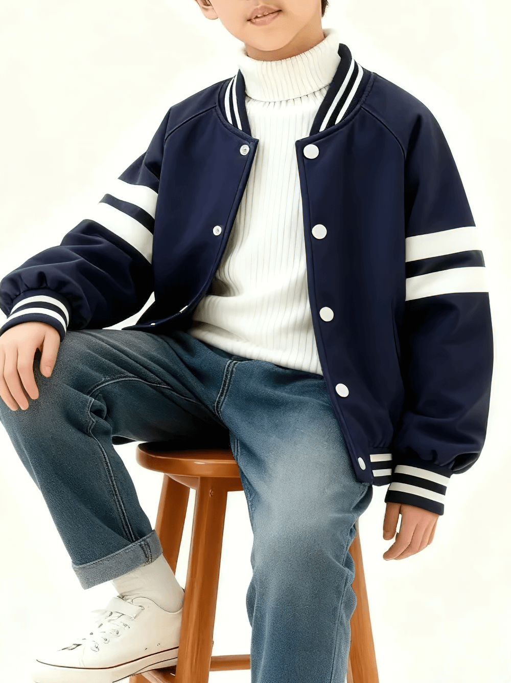 Child wearing Kids Padded Baseball Jacket with Snap Buttons - SF3866 seated on a stool.