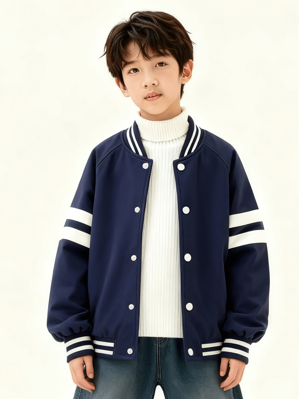 Kids Padded Baseball Jacket with Snap Buttons - SF3866, modeled by a child in a stylish navy jacket with striped details.