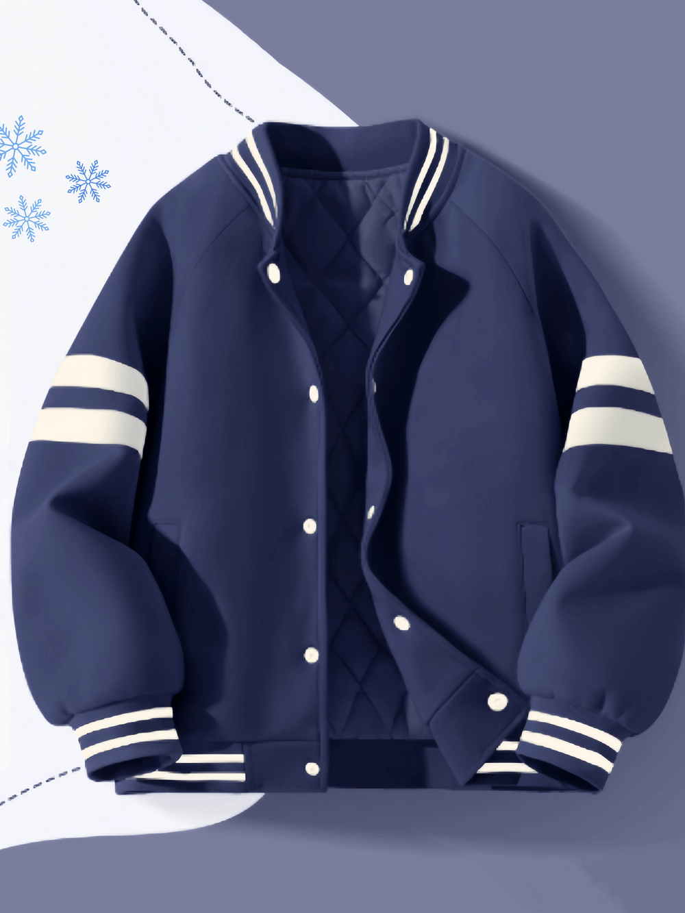 Kids Padded Baseball Jacket with Snap Buttons - SF3866 in navy blue with white stripes, perfect for stylish warmth.