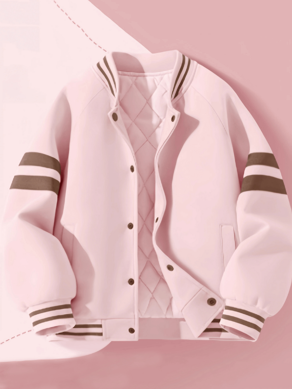 Pink Kids Padded Baseball Jacket with Snap Buttons - SF3866 with striped sleeves on a pastel background.