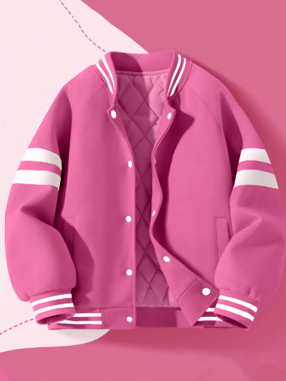 Kids Padded Baseball Jacket with Snap Buttons - SF3866 in vibrant pink with stripes on sleeves. Perfect for sports and casual wear.