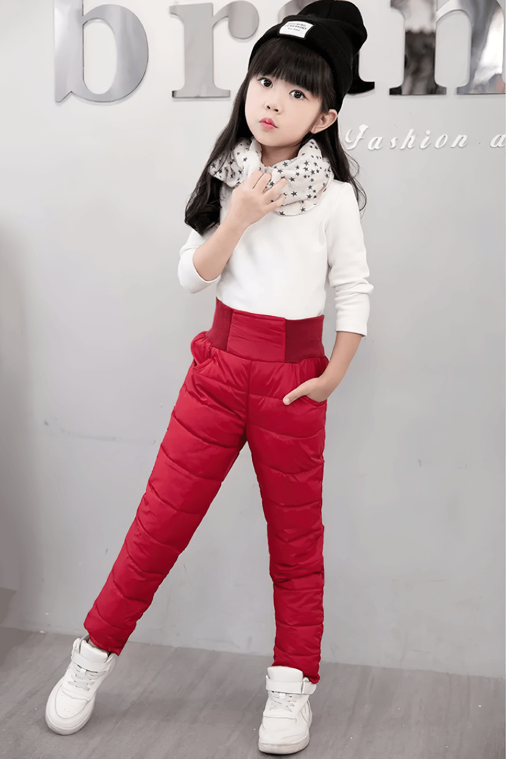 Kids Padded Pants with Elastic High Waist - SF3753 in red, showcasing thick insulation and waterproof protection for cold weather.