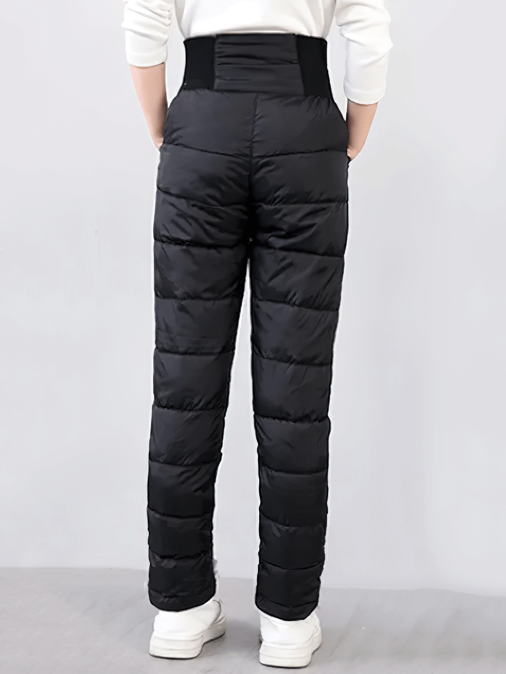 Kids Padded Pants with Elastic High Waist - SF3753, black winter trousers, back view showing high waist and quilted material.