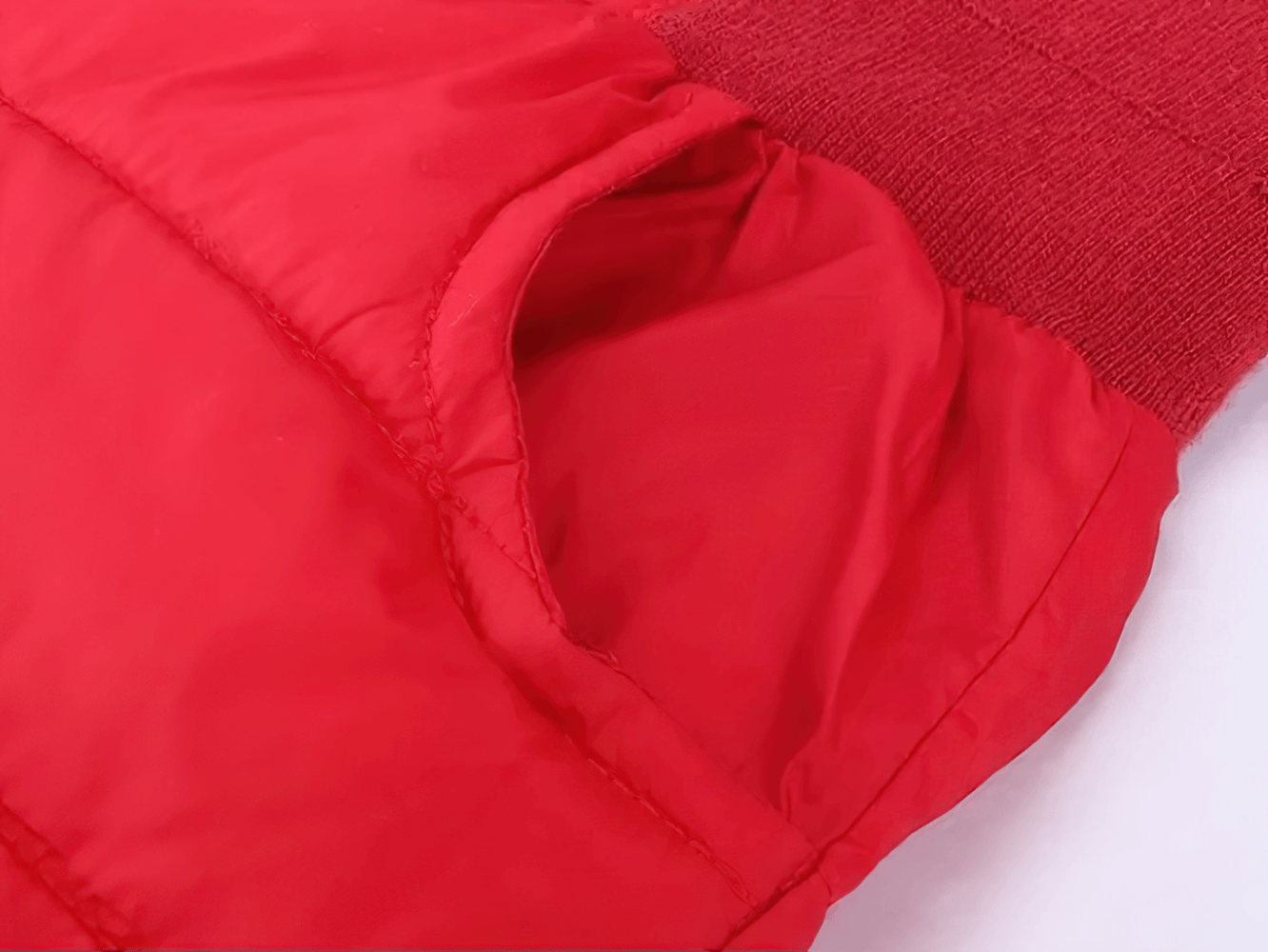 Close-up of Kids Padded Pants with Elastic High Waist - SF3753 in red, showing pocket and elastic waist detail for warmth and comfort.