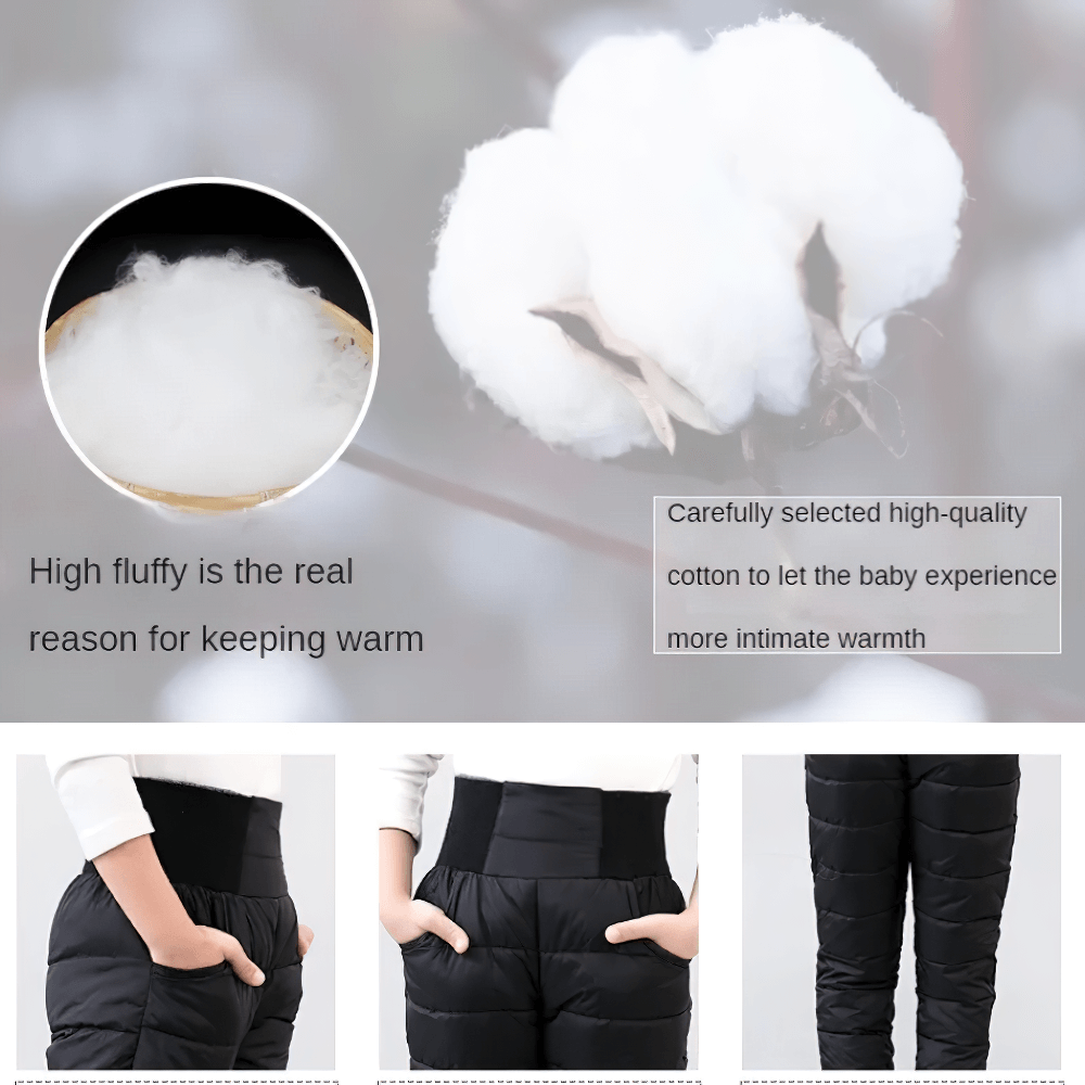 Kids Padded Pants with Elastic High Waist - SF3753, showcasing thick cotton padding, high waist, and waterproof design for winter warmth.