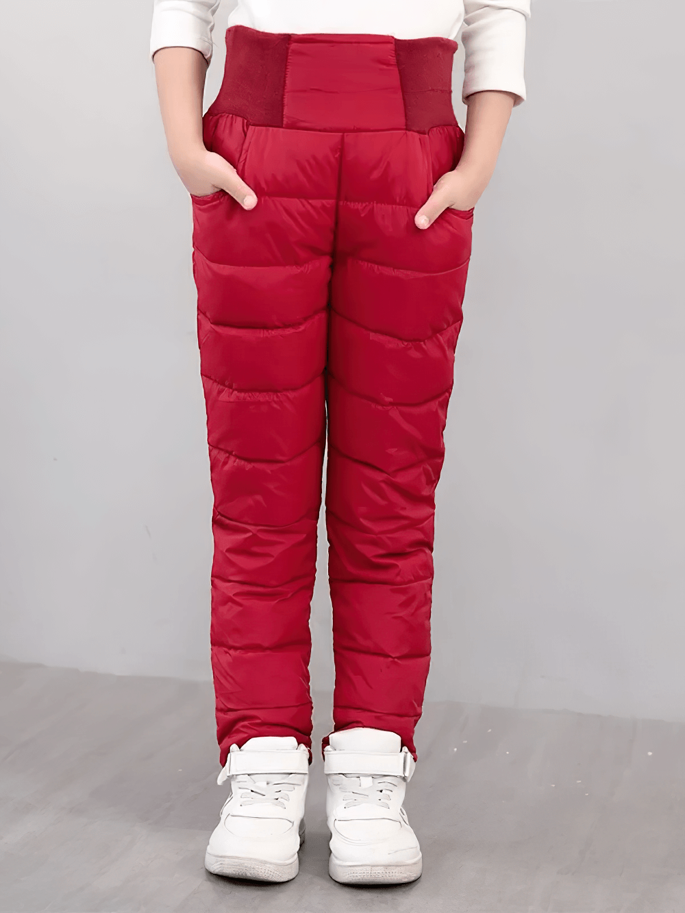 Kids Padded Pants with Elastic High Waist - SF3753 shown in red, featuring thick insulation and pockets for cold weather protection.