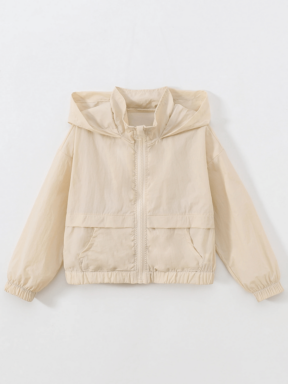 Kids Pastel Hooded Windbreaker Jacket With Zipper - SF3651; beige children's lightweight jacket with hood, zipper, and pockets.