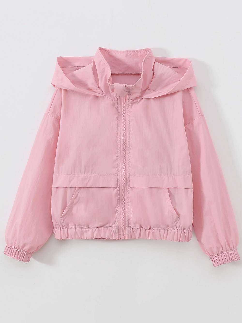 Kids Pastel Hooded Windbreaker Jacket With Zipper - SF3651 in light pink, featuring a zip front, elastic cuffs, and front pockets.