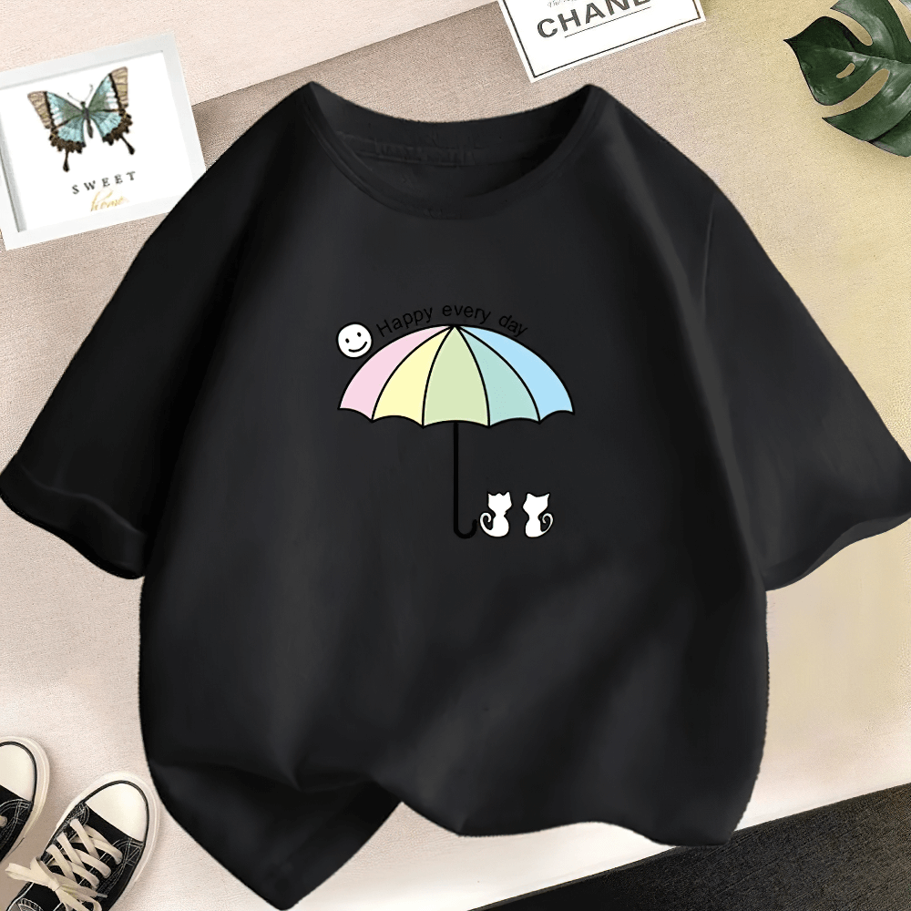 Kids Pastel Umbrella Cats Graphic O-Neck T-Shirt - SF3895 with cute cartoon print of cats under a pastel umbrella and 