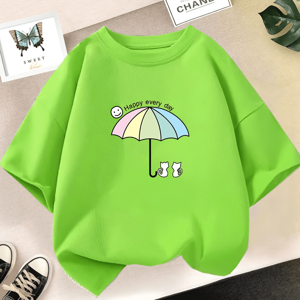 Kids Pastel Umbrella Cats Graphic O-Neck T-Shirt - SF3895 with cartoon umbrella and cats design, vibrant and cheerful for kids.