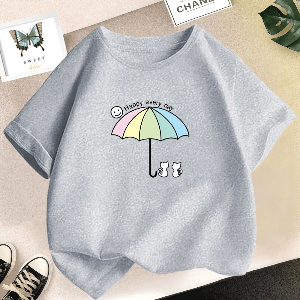 Kids Pastel Umbrella Cats Graphic O-Neck T-Shirt - SF3895 with cartoon print of umbrella and cats, perfect for playful daily wear.