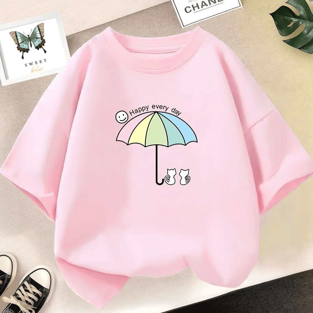 Kids Pastel Umbrella Cats Graphic O-Neck T-Shirt - SF3895 with cartoon umbrella and cat design, fun pink tee for kids.